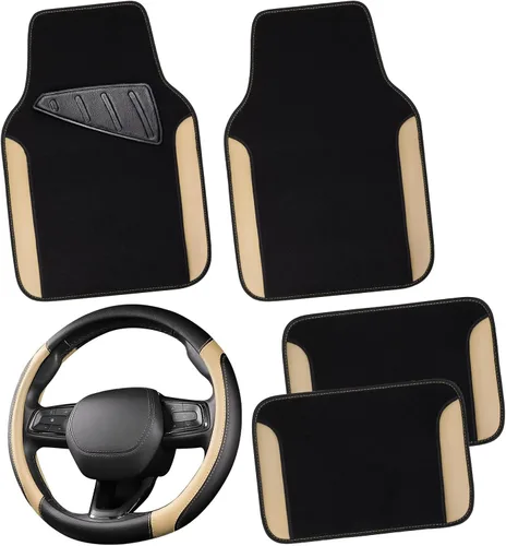 CAR PASS Funda de cuero sintético para volante y tapetes impermeables para automóvil, ajuste universal para el 95% de los sedán, SUV, automóviles,