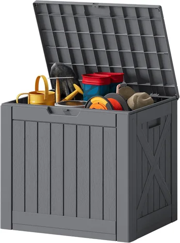 Miniatura 28 de JUMMICO Caja de resina de 31 galones, cajas de almacenamiento impermeables para interiores y exteriores para muebles de patio, cojines y Negro