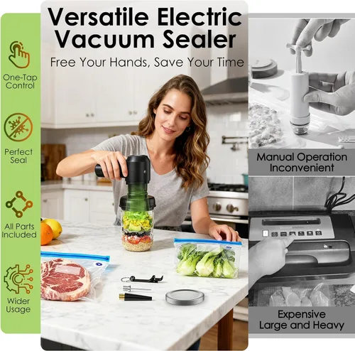 Miniatura 2 de Kit de sellado al vacío eléctrico de tarros Mason con 20 bolsas de vacío reutilizables, 10 tapas Mason, sellador al vacío de mano 3 en 1, potente