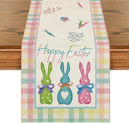 Artoid Mode Camino de mesa de Pascua con diseño de conejo, conejo a cuadros, color verde, azul, rosa, decoración de mesa de comedor para decoración