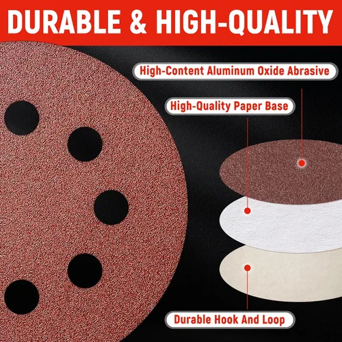 Miniatura 2 de 50 discos de lijado de grano 120 con gancho y bucle, almohadillas de lijadora orbitales de 5 pulgadas y 8 agujeros, papel de lija para madera