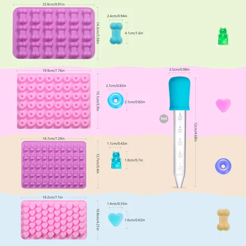 Miniatura 2 de Moldes de caramelo de gomita, 4 moldes de silicona para chocolate con 4 cuentagotas, moldes antiadherentes para caramelos, ganache, cubitos
