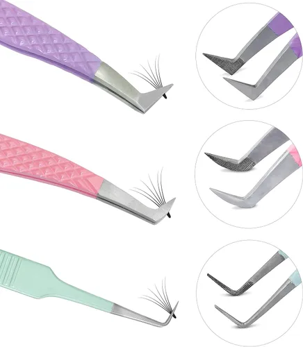 Miniatura 8 de SIVOTE Pinzas de pestañas para extensiones de pestañas, puntas de fibra, juego de 3, volumen, bota de volumen, pinzas de 90 grados, azul, amarillo