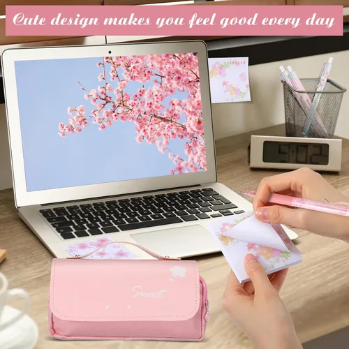 Miniatura 3 de Crtiin Juego de 74 piezas de papelería Kawaii con diseño de flor de cerezo, bolsa de lápices japonesa Kawaii, lápiz mecánico, borradores de cereza