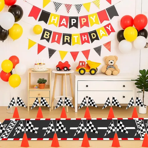 Miniatura 6 de Patimate Decoración de fiesta de cumpleaños de auto de carreras, 70 conos de tráfico con agujero, banderas a cuadros, camino de pista de carreras