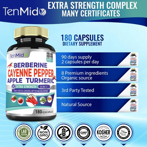 Miniatura 6 de Cápsulas de extracto de suplementos de pimienta de cayena, 180 cápsulas y berberina, manzana, curcumina de cúrcuma, melón amargo, ginseng, cardo