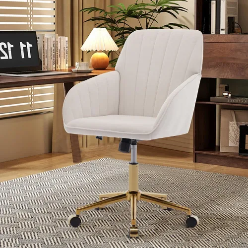 Miniatura 9 de Silla de oficina en casa, silla giratoria de terciopelo para escritorio, sillón tapizado moderno con base dorada para niñas y mujeres, asiento