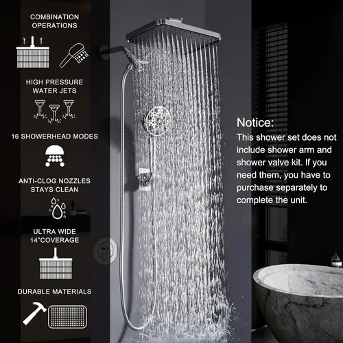 Miniatura 8 de Cabezal de ducha doble con mano y filtro-Cabezal de ducha de lluvia de 14 pulgadas, cabezal de ducha de mano de alta presión con filtros para agua