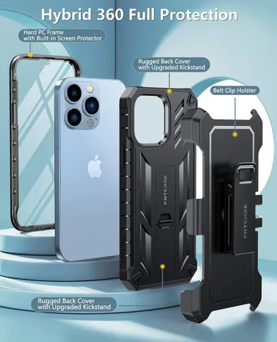 Miniatura 2 de FNTCASE Funda para iPhone 12-Pro-Max: con protector de pantalla integrado, soporte y funda con clip para cinturón, funda protectora militar