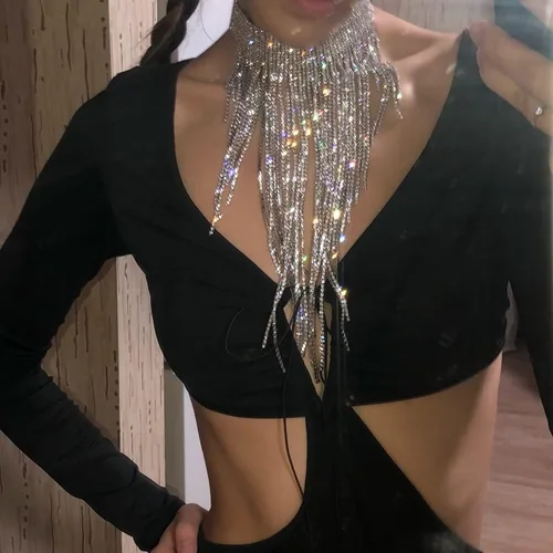 Miniatura 3 de Flyonce - Collar con diamantes de imitación para mujer, gargantilla con borla estilo pechera, joyería para fiesta formal