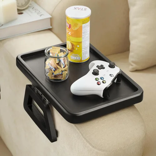 Tinamo Bandeja de brazo de sofá de acacia, mesa rectangular para reposabrazos de sofá, accesorios de sofá, organizador para sillón, bandeja con clip