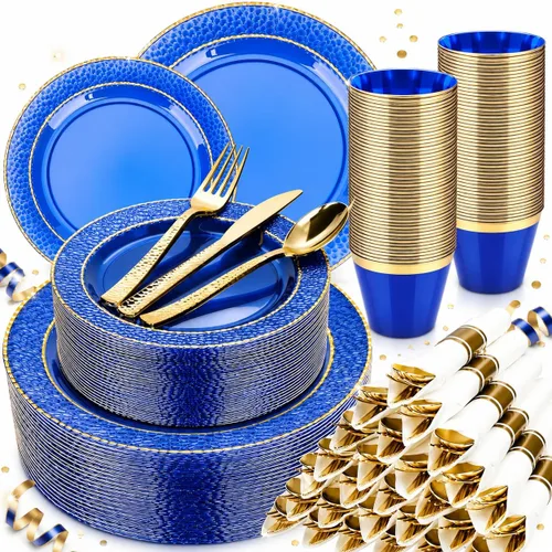 Miniatura 8 de Bestluck 350 piezas de platos de plástico transparentes con ribete dorado para 50 invitados, juego de vajilla desechable para fiesta y boda