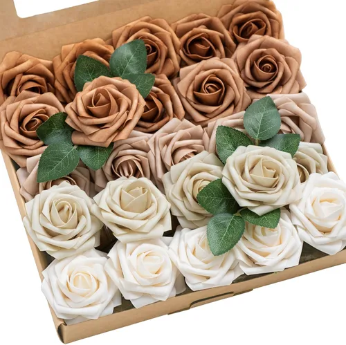 Ling's moment Flores Artificiales, 25 Piezas Rosas de 3" en Tonos Otoñales, Decoración Floral de Espuma Realista DIY para Ramos de Boda/Centros de
