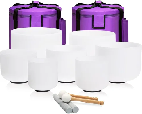CVNC 440HZ - Juego de 7 cuencos cantores de cristal de cuarzo esmerilado de 6 a 12 pulgadas para meditación de chakras para sanación con sonido y