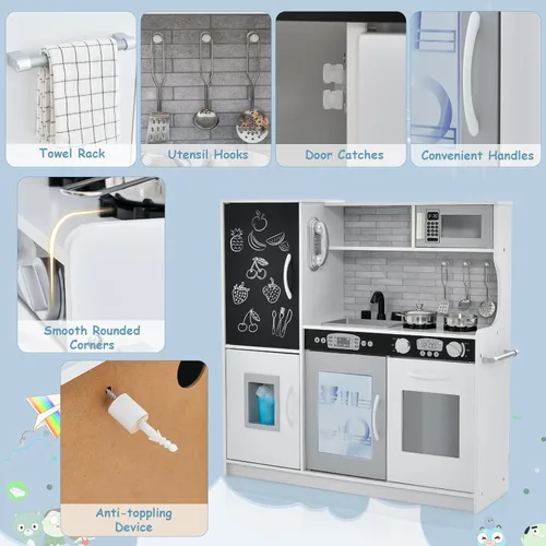 Miniatura 3 de MAT EXPERT Juego de cocina para niños, cocina de juguete de chef de madera con pizarra, máquina de hielo, accesorios de utensilios de cocina, Blanco