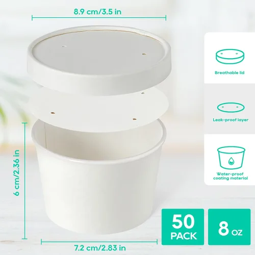 Miniatura 2 de JOLLY PARTY Paquete de 50 recipientes de papel de 8 onzas con tapas, vasos de papel desechables para alimentos, tazas de helado, almacenamiento