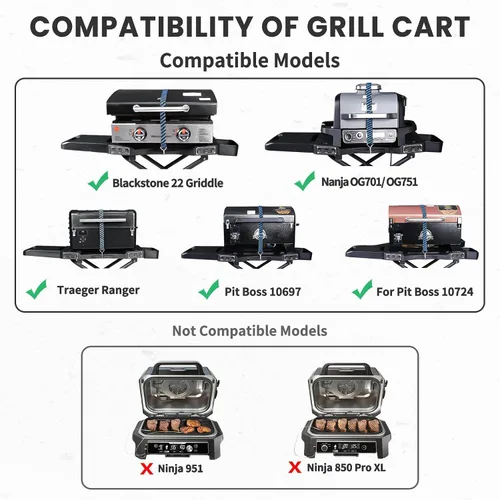 Miniatura 2 de GRISUN Carrito plegable para parrilla Ninja OG700–OG750 y Blackstone de 22 pulgadas Soporte portátil para barbacoa con ruedas, mesa auxiliar