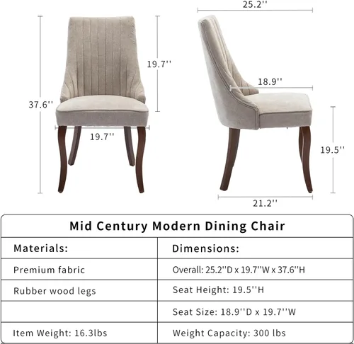 Miniatura 3 de ODUSE-DAILY Juego de 2 sillas de comedor de mediados del siglo en color beige, juego de 2 sillas modernas para cocina y comedor, sillas tapizadas