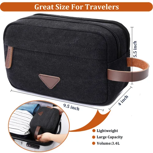 Miniatura 3 de Mactso Neceser para hombre, kit de viaje de cuero de lona vintage con 2 compartimentos, cremallera resistente, 9.5 x 5.5 x 4 pulgadas, organizador
