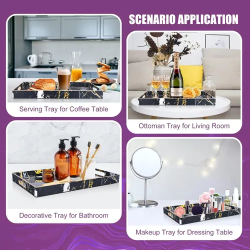 Miniatura 5 de Gifturbo - Bandeja de servir negra, bandejas de servir decorativas de mármol con asas, bandejas rectangulares de plástico para mesa de café otomanas