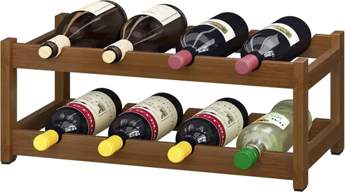 Miniatura 9 de BAMEOS Estante de vino independiente de 2 niveles y 8 botellas, estantes de vino de bambú, gabinete de encimera, soporte de vino, estante