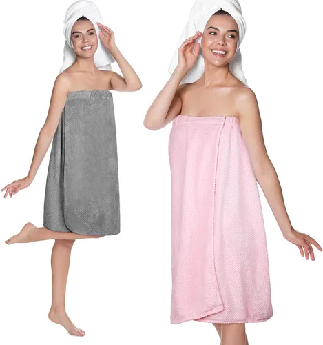 Miniatura 11 de Tigeen 2 Pcs Towel Wrap for Women Lightweight Spa Robe with Adjustable Closure Elastic Top Soft Bathrobe Spa Wrap