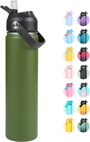 Miniatura 32 de Fijinhom Botella de agua aislada de acero inoxidable de 18 oz, de boca ancha, de doble pared, con vacío, con pajita de silicona, a prueba de sudor