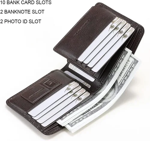 Miniatura 55 de Billetera de piel triple con bloqueo RFID para hombre con 2 ventanas de identificación, 2 compartimentos para efectivo, 6-8 ranuras para tarjetas