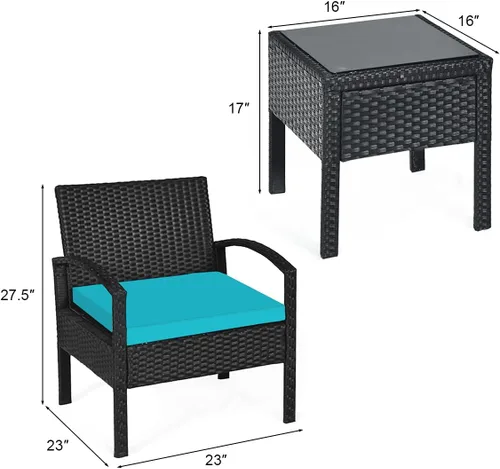 Miniatura 3 de RELAX4LIFE Juego de 2 sillas de patio con mesa auxiliar, juego de 3 sillas de porche con cojines extraíbles y mesa de cristal, sillas de mimbre