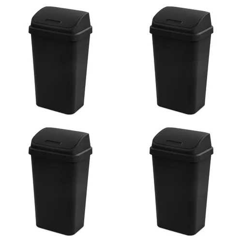 Sterilite Paquete de 4 basureros con tapa oscilante, elegante cubo de basura de perfil cuadrado, 13 galones, color negro, moderno cubo de basura