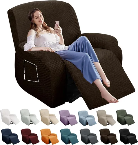 Miniatura 49 de YEMYHOM Funda elástica de 4 piezas para silla reclinable de jacquard con bolsillo lateral, antideslizante, ajustable, protector de muebles con parte