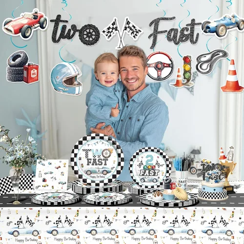 Miniatura 6 de 179 piezas de decoración de cumpleaños rápido, 2 decoraciones de cumpleaños rápido con platos, servilletas, mantel, remolinos colgantes para niños