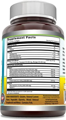 Miniatura 2 de Amazing Omega 3.6.9 Suplemento 1200 mg por porción 120 cápsulas blandas Sabor a limón Sin OMG Sin gluten Fabricado en Estados Unidos