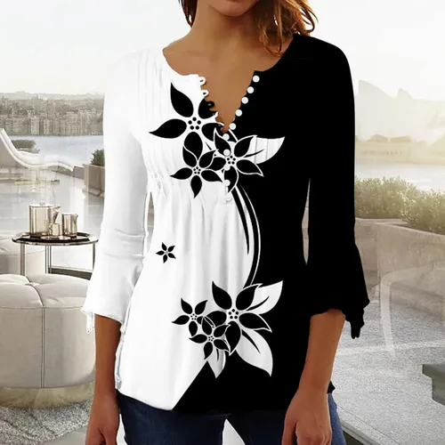Miniatura 27 de Ceboyel Blusa tipo túnica con estampado floral para mujer, con botones, estilo Henley, con manga de codo, casual, trajes de moda para mujer