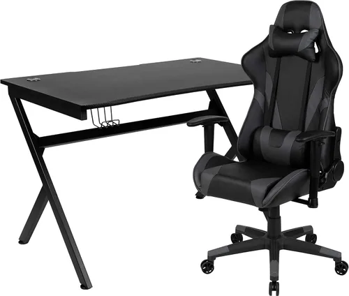 Miniatura 61 de Flash Furniture Juego de escritorio para juegos negro y silla de carreras blanco/negro con soporte para tazas, gancho para auriculares y soporte