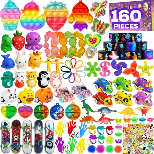 Paquete de 160 juguetes sensoriales para ansiedad seleccionados al azar, calcomanías de regalo para niños, adultos, niños y niñas, rellenos de