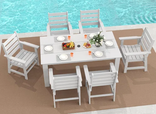Miniatura 27 de GREENVINES Juego de comedor al aire libre de 7 piezas Juegos de mesa y sillas de plástico HDPE de 67 pulgadas para 6 Muebles de patio Todo