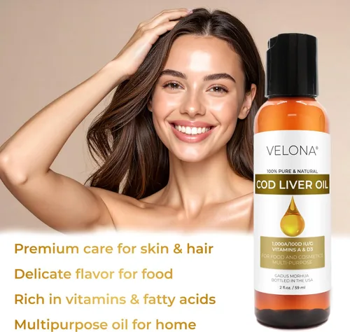 Miniatura 5 de velona Aceite de hígado de bacalao – 2 onzas líquidas 1,000A/100D UI/g Omega 3 Vitaminas A y D3 Aceite nórdico de origen sostenible del Ártico