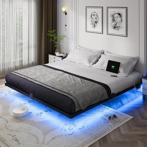Miniatura 9 de OLEVS Base de cama flotante de tamaño matrimonial con luces LED inteligentes y estación de carga, cama moderna de plataforma de metal, fácil