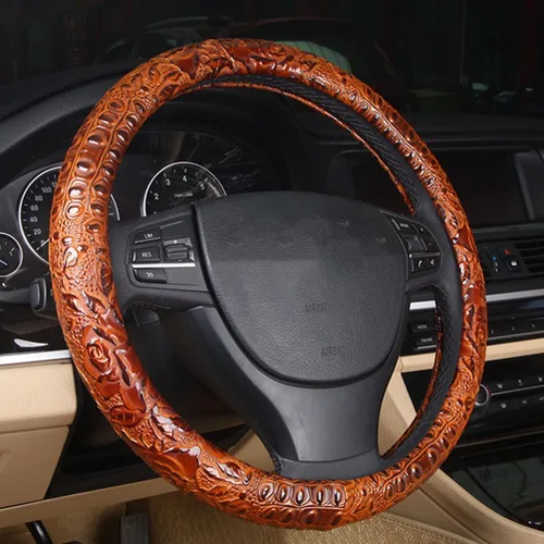 Funda para volante de auto de cuero, antideslizante, universal, 15 pulgadas, marrón con grano de cocodrilo y veta de rosa