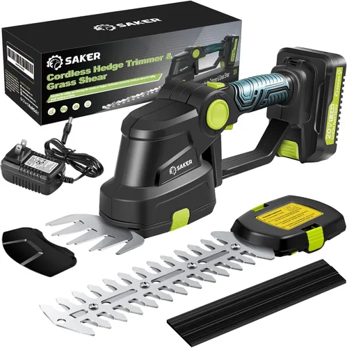 Saker Cortasetos inalámbrico de 20V - Recortador de arbustos eléctrico, tijeras de hierba manuales, cortasetos con 1 batería recargable y cargador