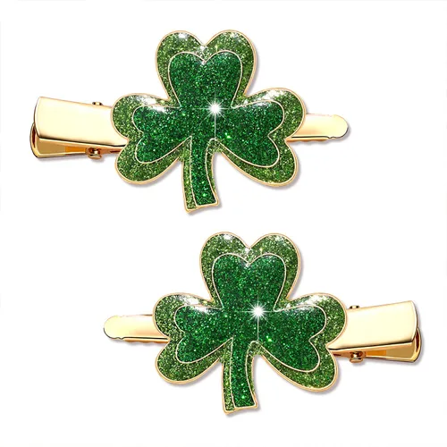 Miniatura 9 de Pinzas para el cabello del Día de San Patricio con diamantes de imitación con purpurina de hoja verde para mujer, pinzas para el pelo de trébol