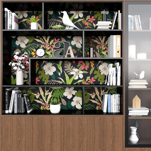 Miniatura 5 de VEELIKE Papel tapiz floral negro de 17.7 x 118 pulgadas, papel tapiz tropical oscuro para dormitorio, baño, autoadhesivo, extraíble, botánico, papel