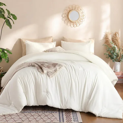 Miniatura 11 de Juego de edredón Beige de weigelia, estilo bohemio, tamaño individual, con edredón en crema y 1 funda de almohada - Juego de cama suave y ligero