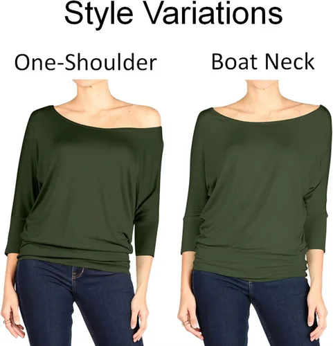 Miniatura 4 de Camiseta sexy para mujer, estilo dolman, con hombros descubiertos, manga 34, cintura con bandas, tallas regulares y grandes