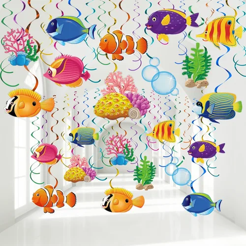 Clabby 30 piezas de decoración de fiesta bajo el mar, remolinos colgantes de peces tropicales, decoración de techo, criaturas de sirena con temática