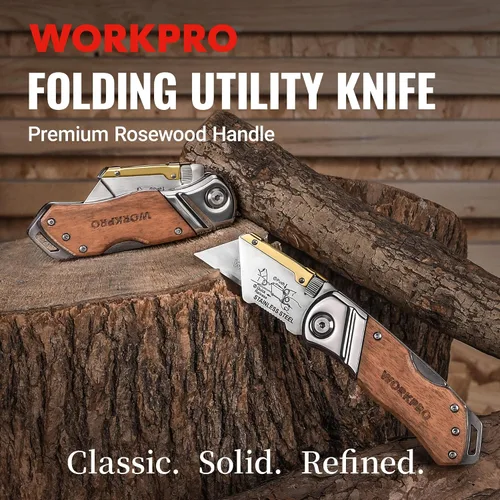 Miniatura 2 de WORKPRO Cuchillo utilitario plegable con clip para cinturón y cuchillas adicionales de 10 piezas, mango de madera, cortador resistente, cambio