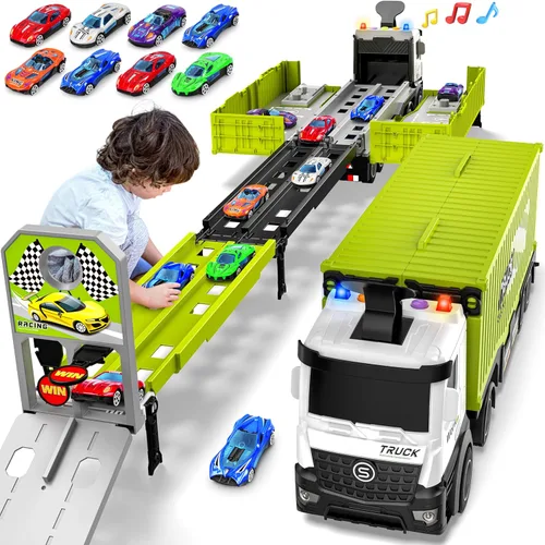 Miniatura 10 de Camión de carreras para niños, juguete plegable de 3 capas para niños, camión de juguete para transportar autos y 8 autos de carreras, juguetes