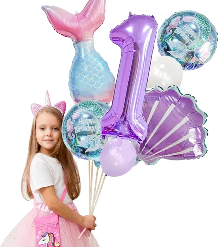 Miniatura 4 de Decoraciones de cumpleaños de sirena número 1: 13 globos de cola de sirena