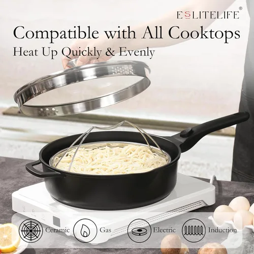 Miniatura 5 de ESLITE LIFE Sartén antiadherente Always con tapa, sartén de 11 pulgadas (4.5 Qt) para freír en profundidad y saltear, segura para horno, inducción